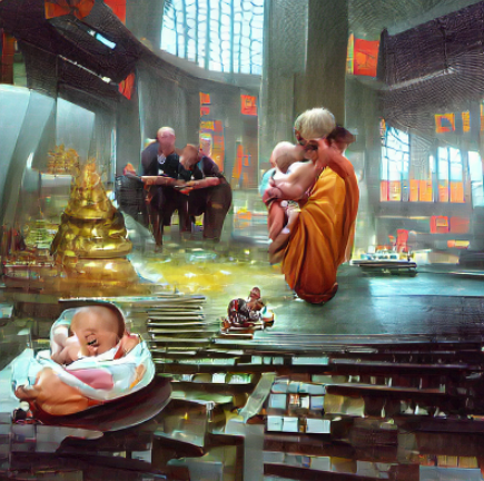 1 baby in temple with monks and parents