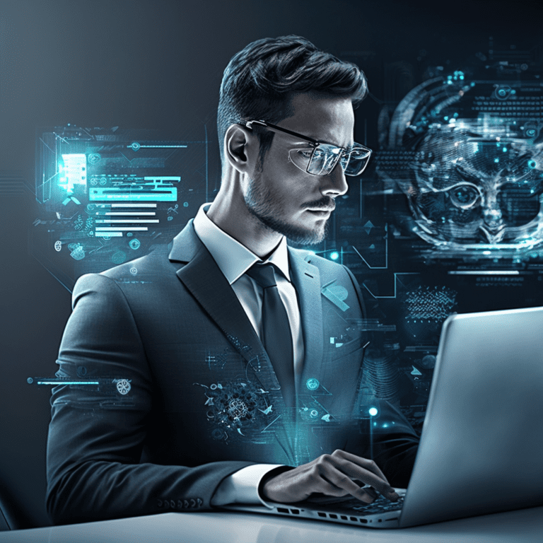 白領職員在辦公桌前使用筆記型電腦，螢幕顯示 ChatGPT 對話介面的 AI 插圖