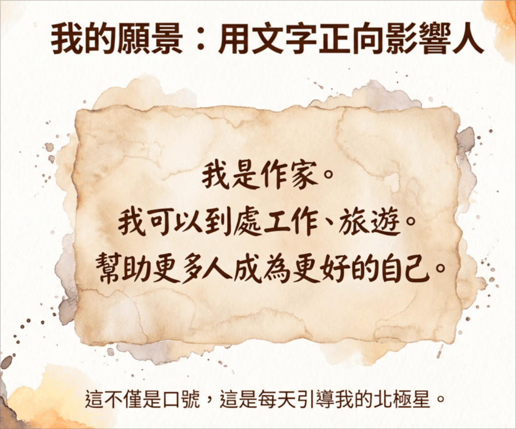 手寫風格的願景宣言筆記，寫在橫線紙上，內容是「我是一個作家用文字正向影響人可以到處工作到處旅遊幫助更多人成為更好的自己」，旁邊有咖啡杯和鋼筆