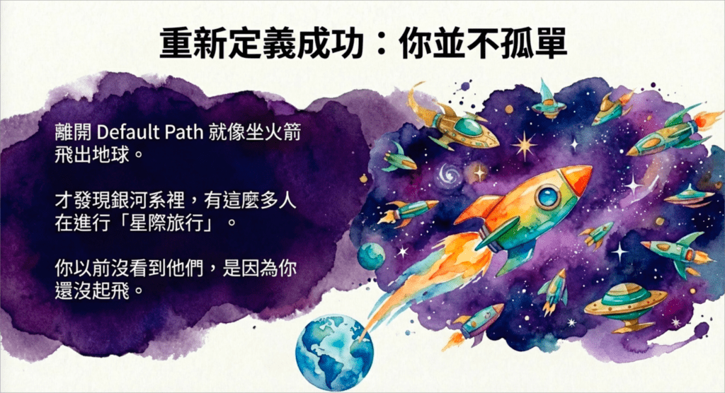 火箭起飛比喻插畫，從擁擠的地球表面起飛穿越大氣層到達開闊的銀河系，銀河系中有各種飛行器代表不同的生活方式，象徵突破預設道路的旅程