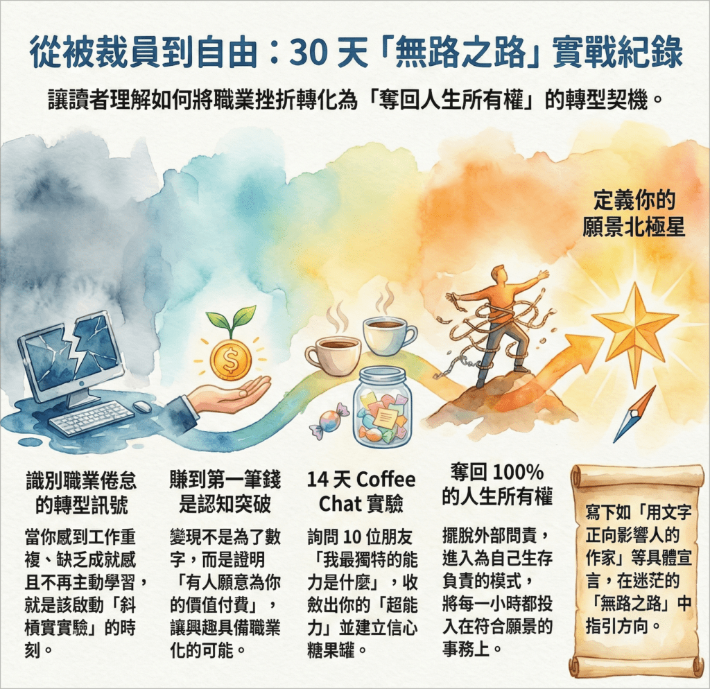 被 AI 裁員後轉型全職創作者的封面圖，一位男性站在分岔路口，一邊是辦公大樓，另一邊是開闊天空，象徵職涯轉型的選擇