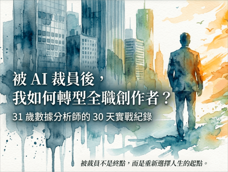 被 AI 裁員後轉型全職創作者的封面圖，一位男性站在分岔路口，一邊是辦公大樓，另一邊是開闊天空，象徵職涯轉型的選擇