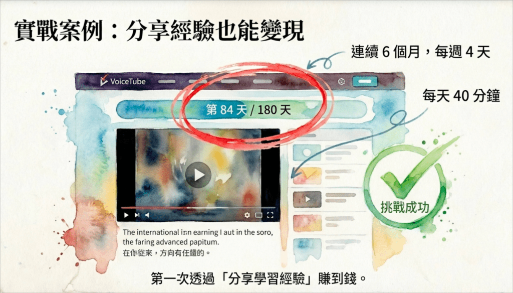 VoiceTube Hero 英文學習平台介面截圖，顯示學習進度第 84 天共 180 天，標註每天 40 分鐘每週 4 天的學習計劃