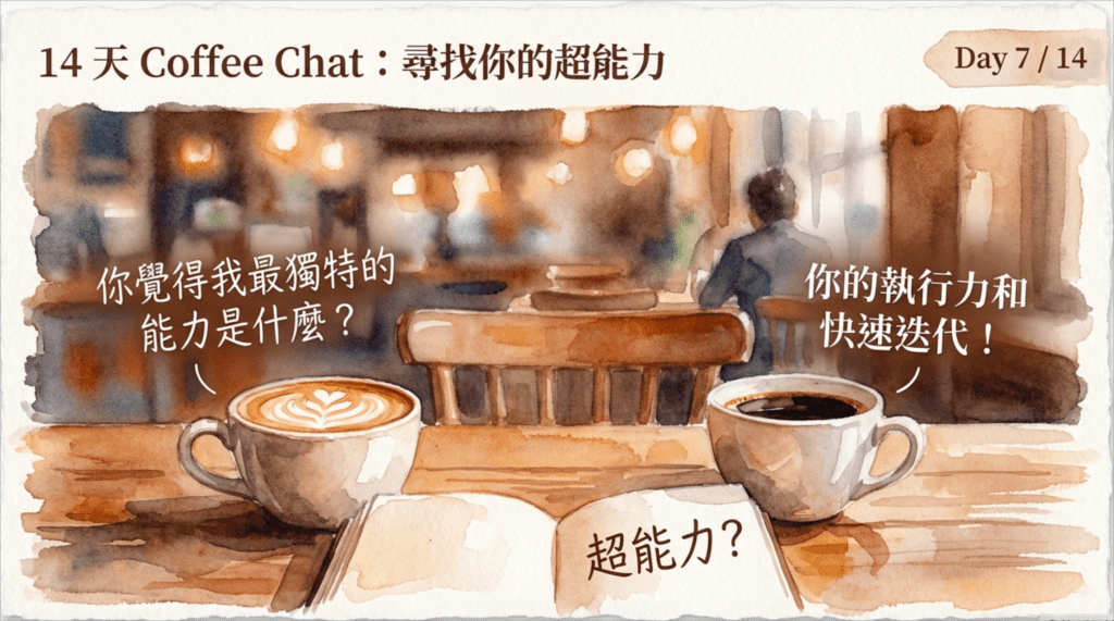 咖啡廳場景插畫，兩人坐在桌前對談，桌上有咖啡和筆記本，對話框顯示「你覺得我最獨特的能力是什麼」和「執行力和快速迭代」的問答