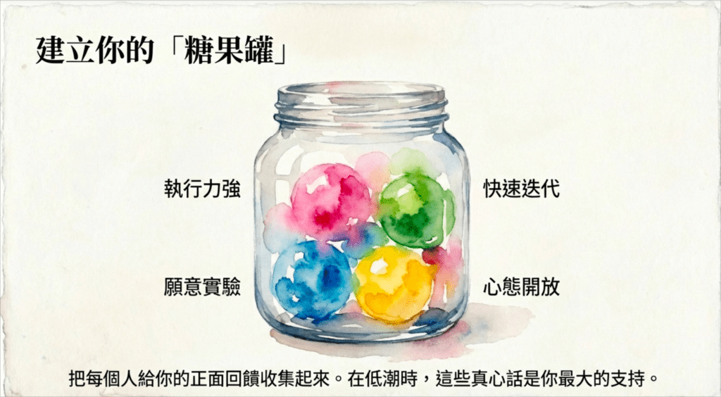 糖果罐概念圖，透明玻璃罐裝滿各色糖果，每顆糖果上寫著正面回饋如「執行力強」「快速迭代」「願意實驗」，象徵收集他人真心讚美的概念