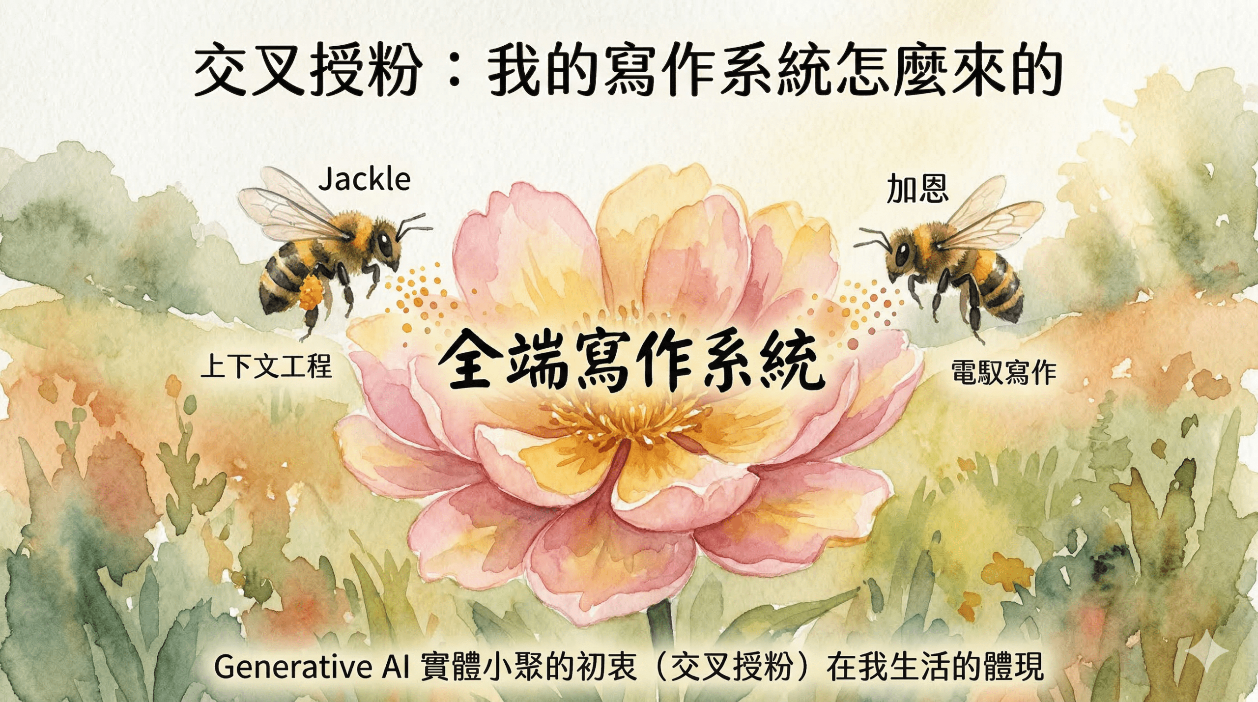 交叉授粉概念水彩插畫:兩隻蜜蜂 Jackle(上下文工程)和加恩(電馭寫作)攜帶花粉飛向中央綻放的全端寫作系統花朵