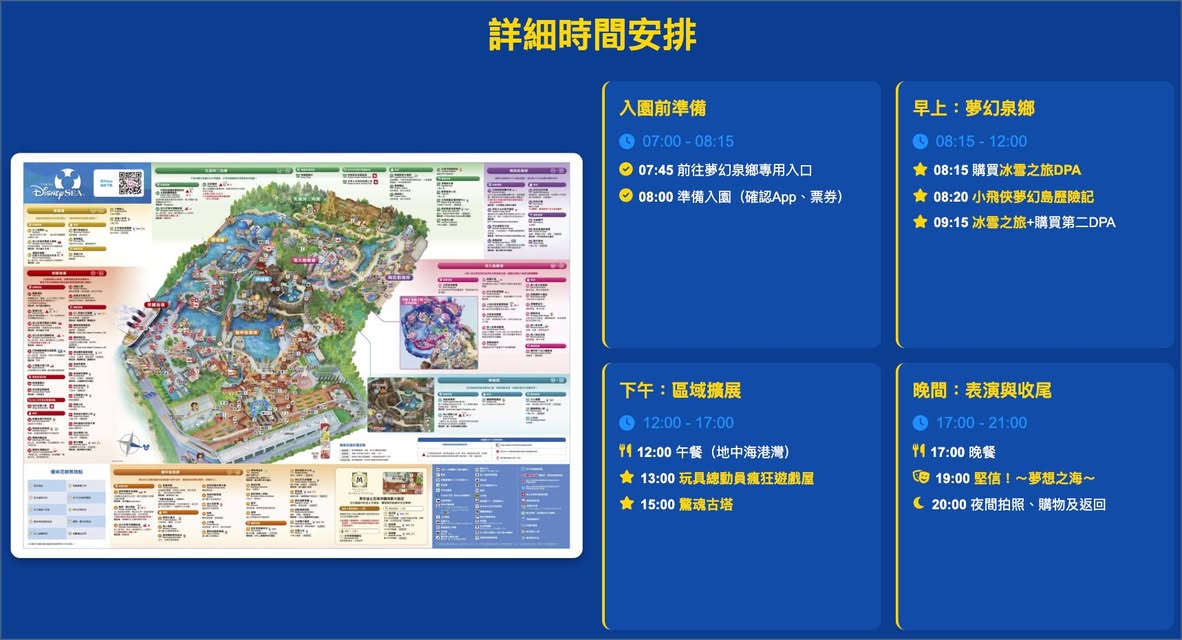 Gemini Deep Research + Manus 產出的東京迪士尼海洋攻略簡報——詳細時間安排