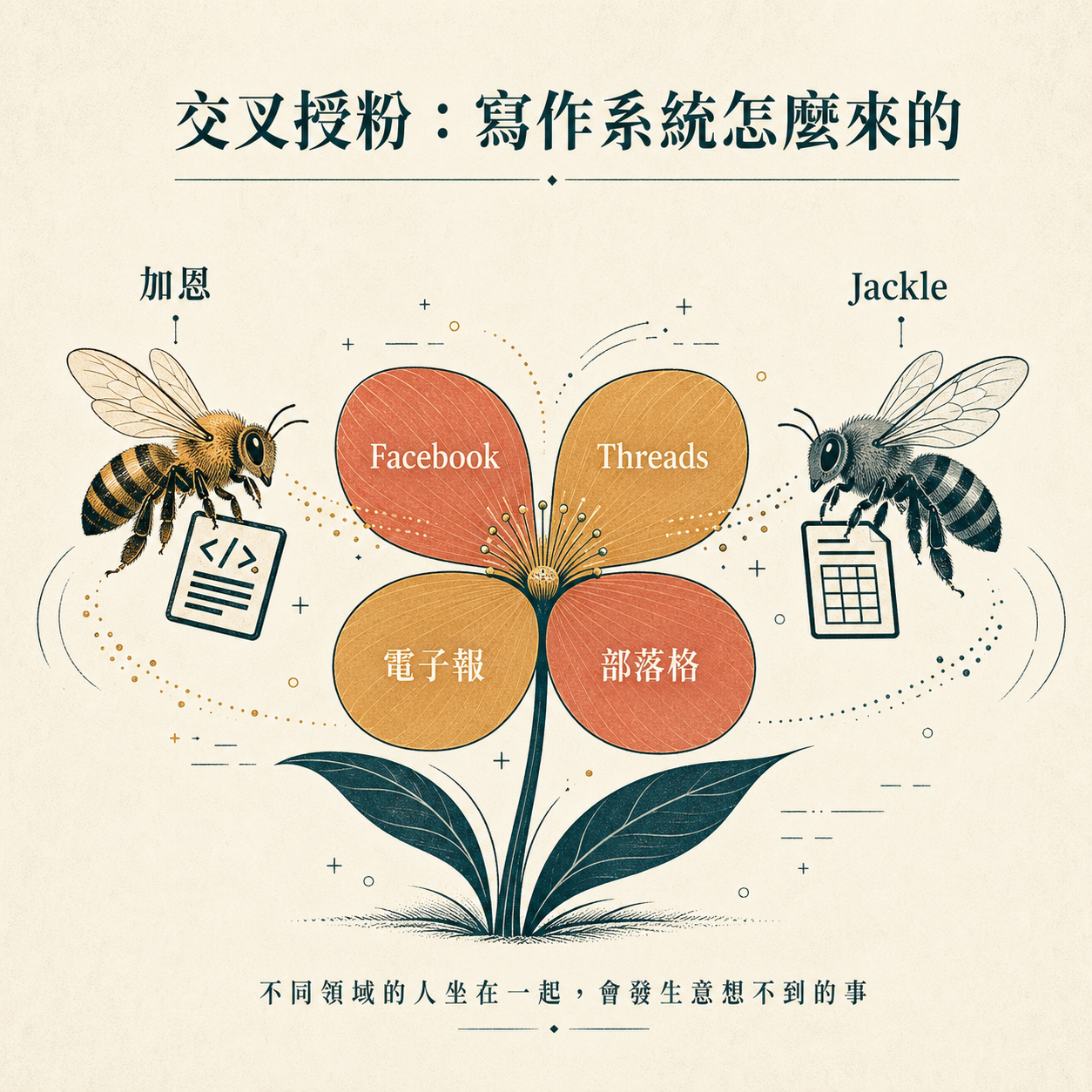 交叉授粉概念圖：兩隻蜜蜂分別帶著電馭寫作（加恩）和上下文工程（Jackle）的花粉，飛向中央綻放的四瓣花朵，每瓣標 Facebook、Threads、電子報、部落格