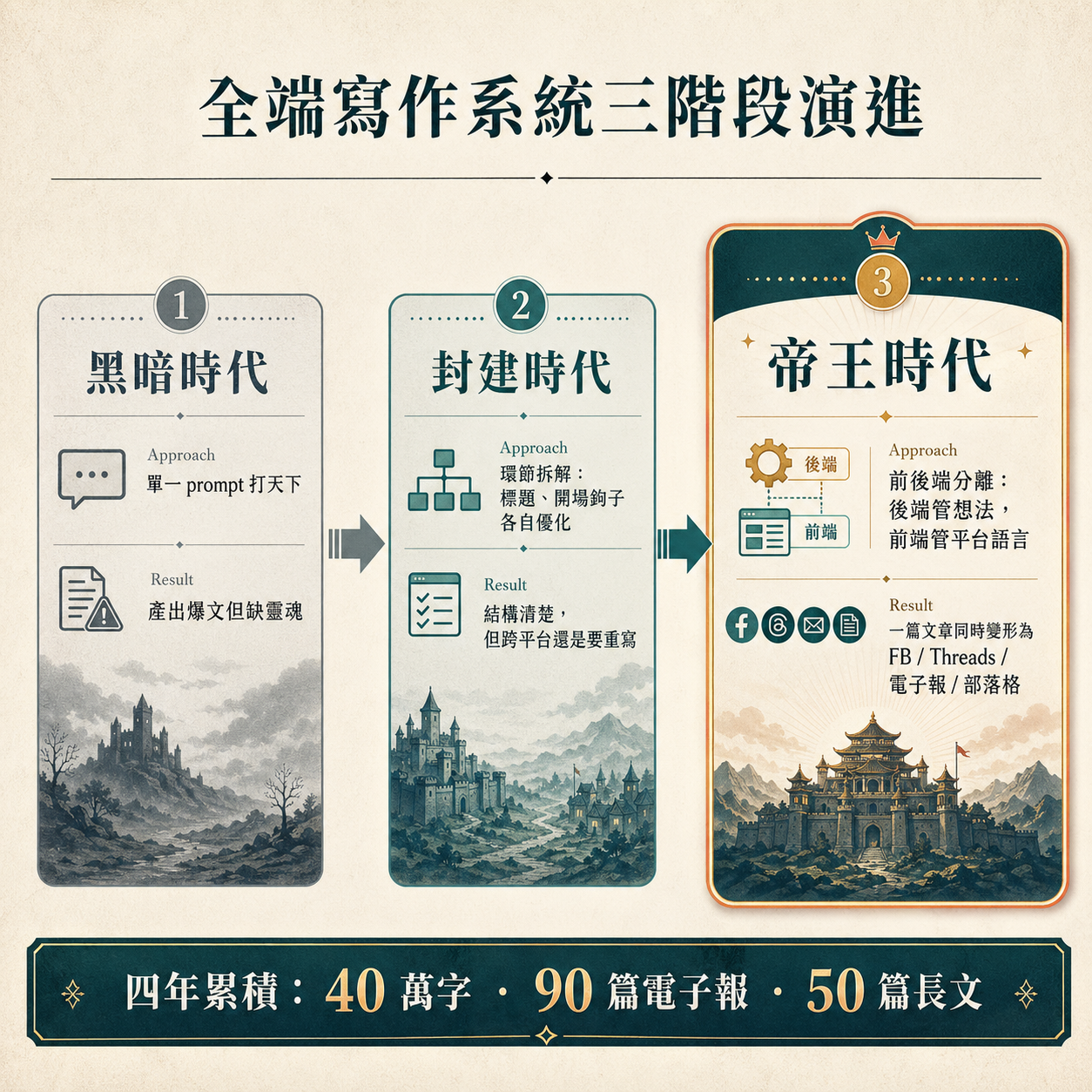 全端寫作系統三階段演進時間軸：從黑暗時代單一 prompt、封建時代環節拆解、到帝王時代前後端分離；四年累積 40 萬字、90 篇電子報、50 篇長文