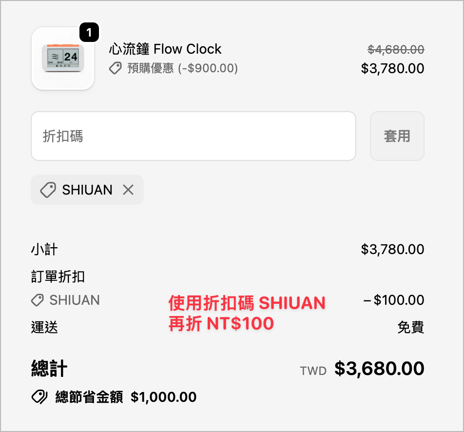 心流鐘 Flow Clock 結帳頁面，使用折扣碼 SHIUAN 後總計 NT$3,680，總節省 NT$1,000