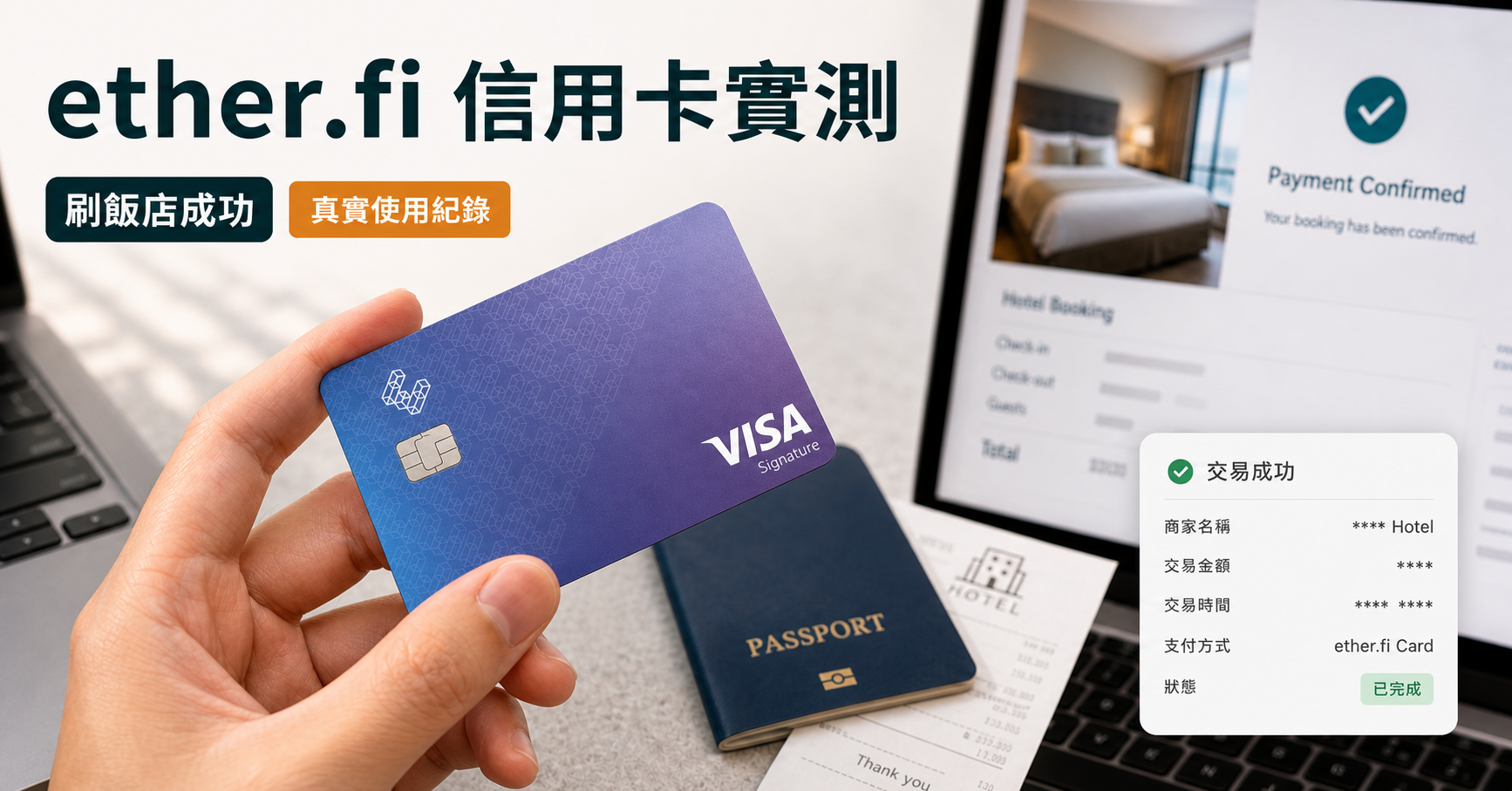 Ether.fi 信用卡實測縮圖，包含實體卡、刷飯店成功與真實使用紀錄