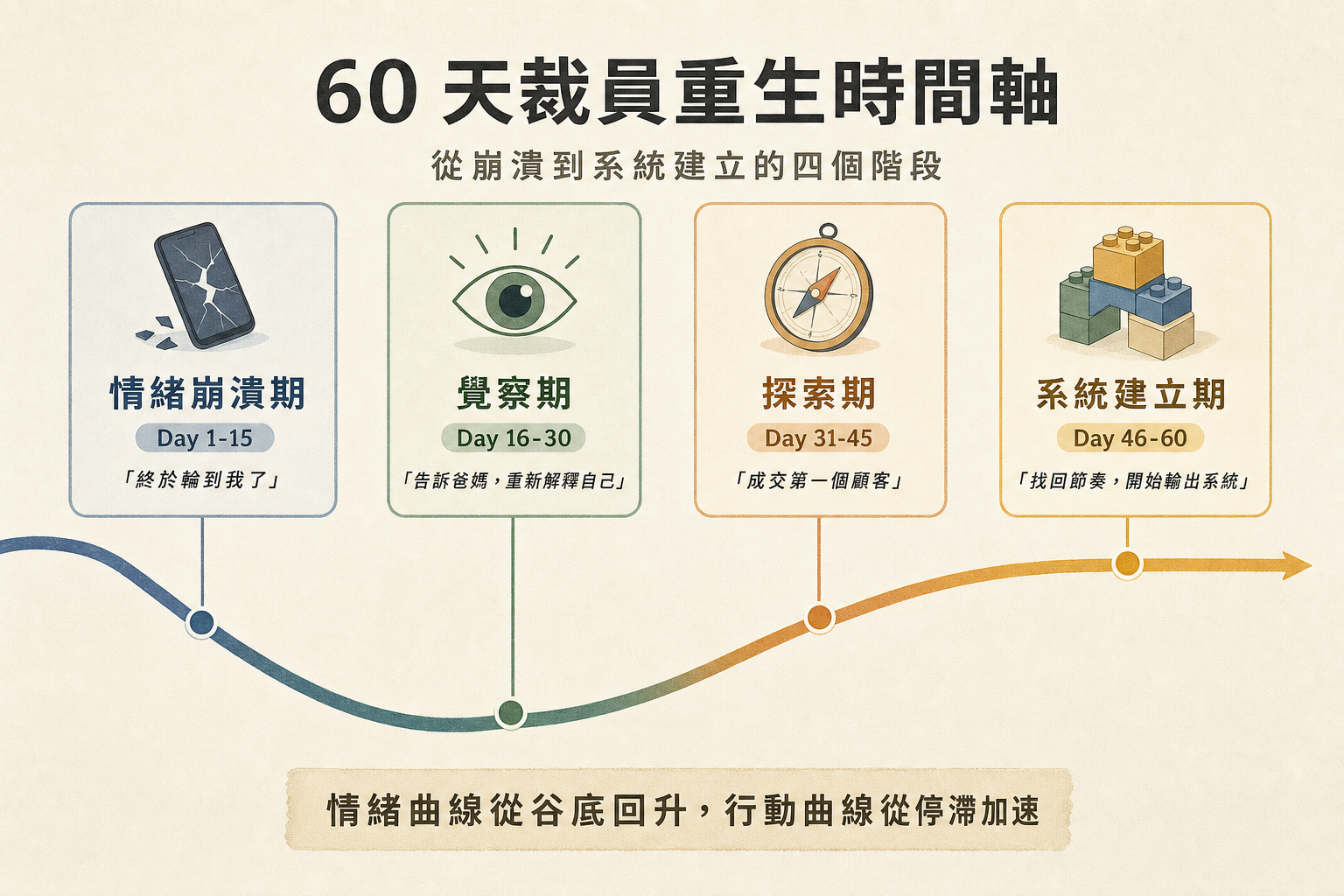 60 天裁員重生時間軸：情緒崩潰期、覺察期、探索期、系統建立期四階段資訊圖表