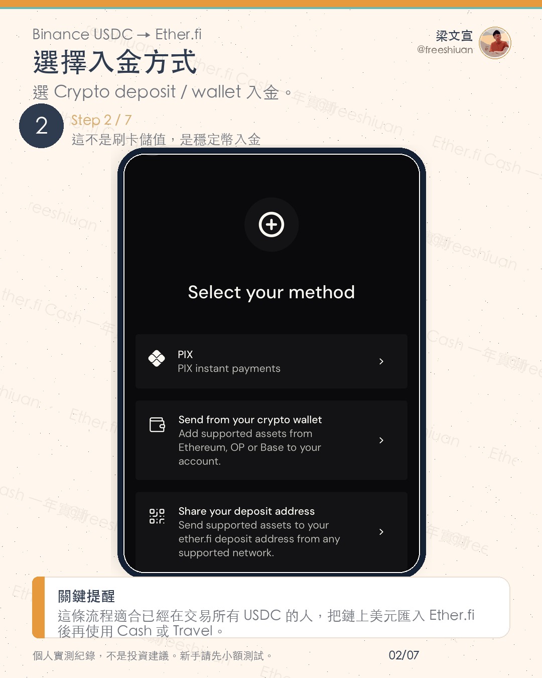 Ether.fi USDC 入金 Step 2:選擇 crypto deposit 或 wallet 入金方式