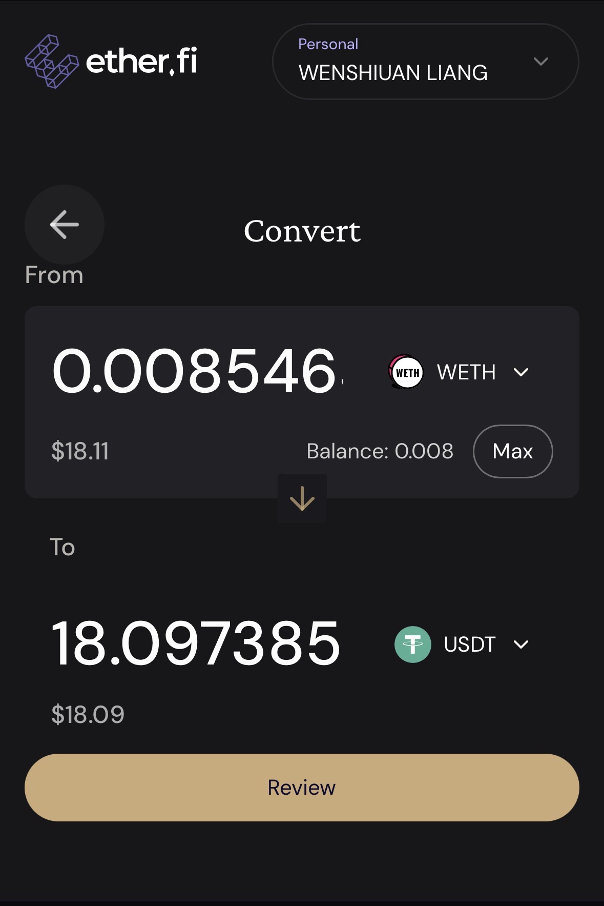 Ether.fi App 內把 WETH 轉成 USDT 的 Convert 實測截圖