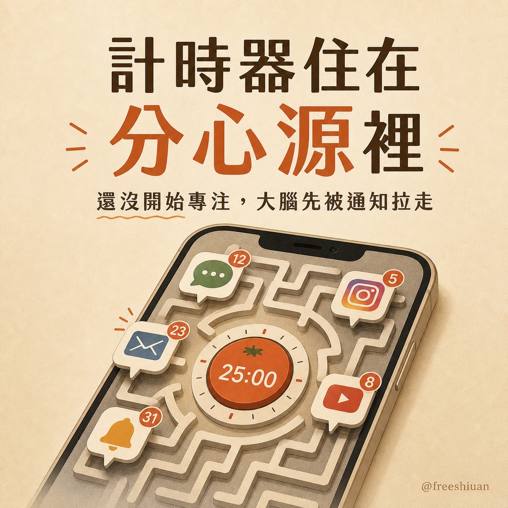 手機番茄鐘失敗原因貼圖,手機螢幕像迷宮,25 分鐘計時器被訊息、社群、Email、影音通知包圍,象徵計時器住在最大分心源裡