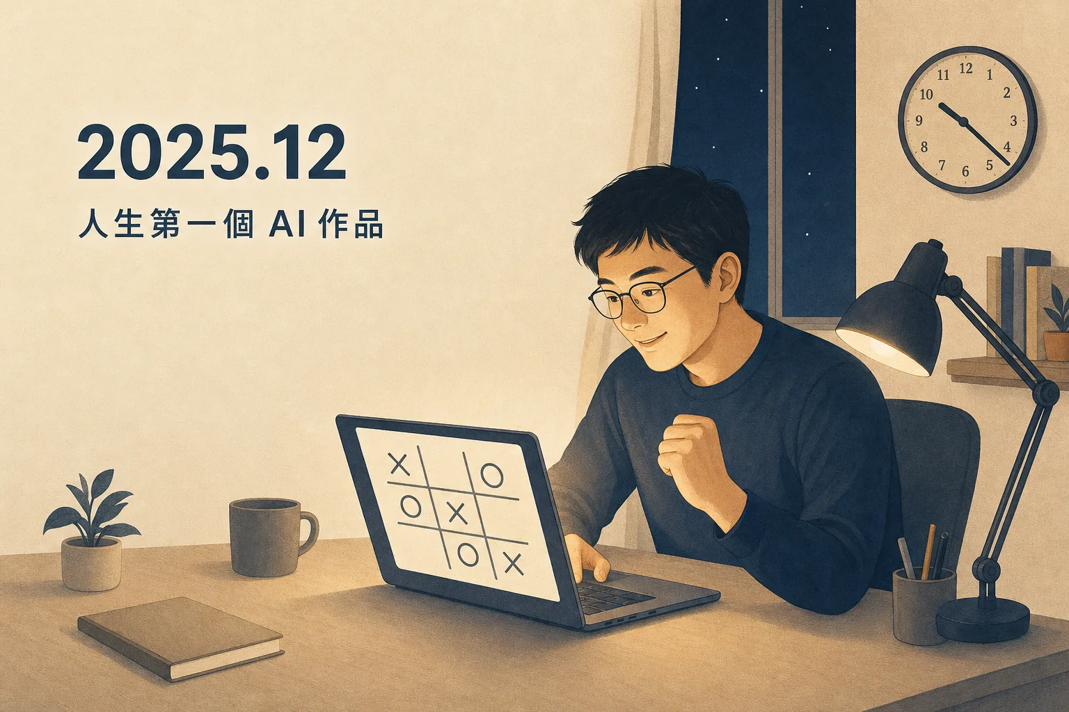 2025 年 12 月里程碑插畫「人生第一個 AI 作品」：深夜書房裡男子看著筆電螢幕上的圈圈叉叉遊戲握拳微笑，牆上時鐘顯示深夜