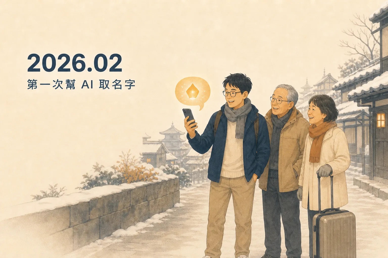 2026 年 2 月里程碑插畫「第一次幫 AI 取名字」：雪景老街上男子舉著手機當家庭導遊，手機浮出發光對話泡泡，身旁年長父母笑著一起看