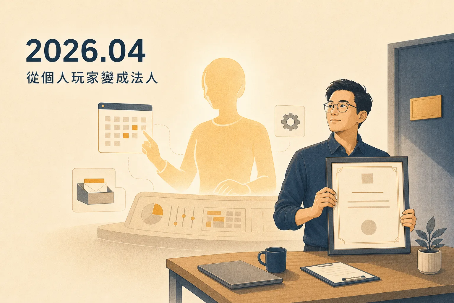 2026 年 4 月里程碑插畫「從個人玩家變成法人」：男子雙手捧著裱框證書，身後牆上發光的 AI 分身正操作儀表板與行事曆，象徵每晚自動夜勤