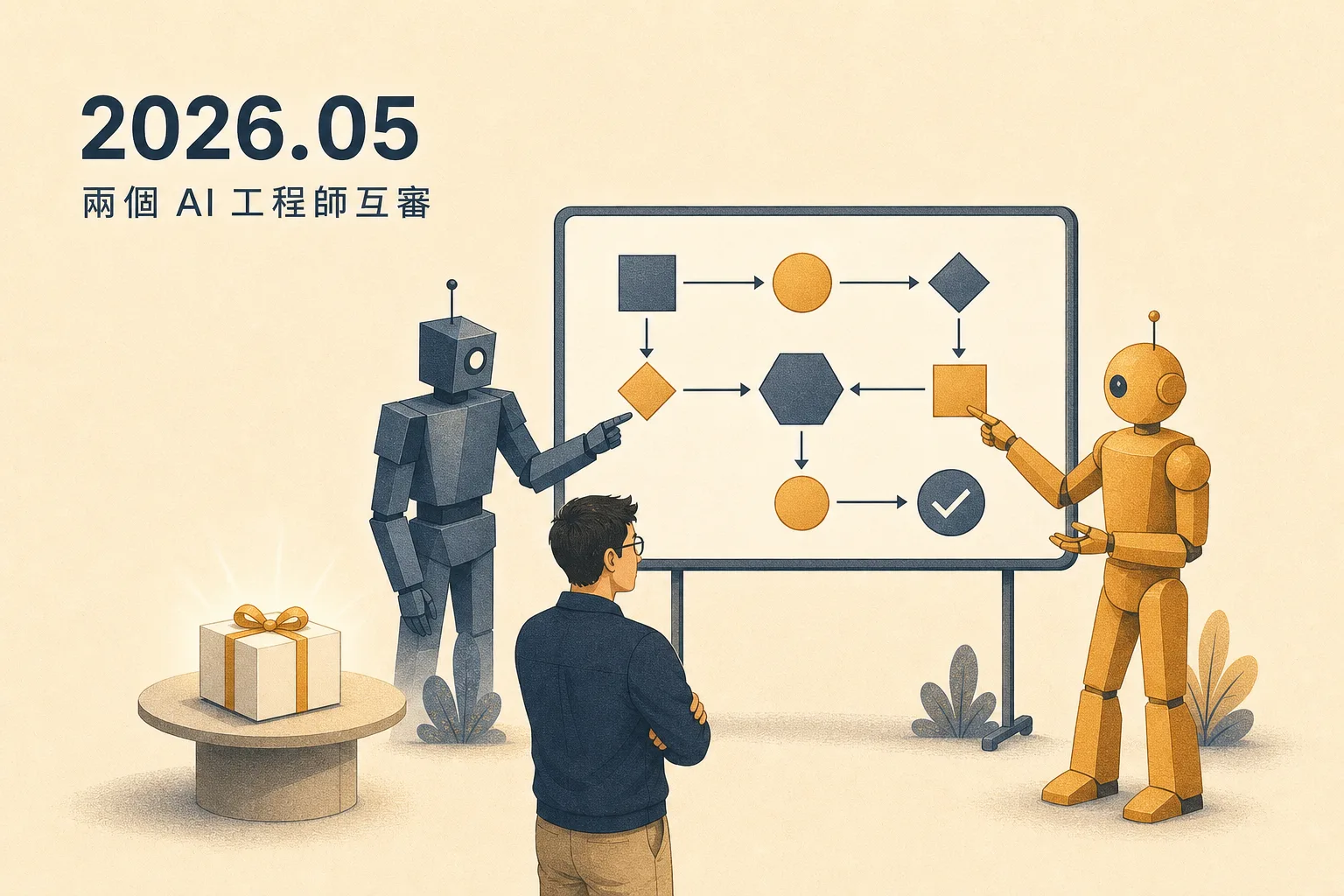2026 年 5 月里程碑插畫「兩個 AI 工程師互審」：灰藍色與橘色兩個機器人分立白板兩側，各自指著同一張流程圖互相檢查，男子抱臂在前方看著