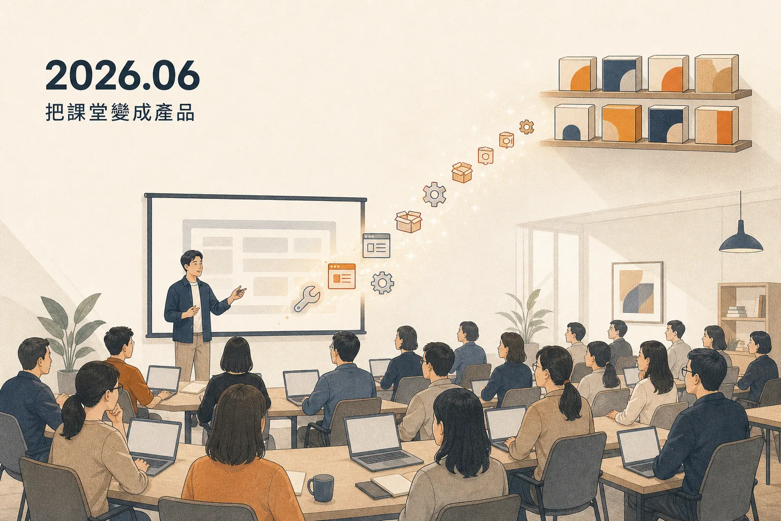 2026 年 6 月里程碑插畫「把課堂變成產品」：男子在教室投影幕前對滿座學員講課，工具圖示從投影幕飛向牆面層架，變成一盒盒上架的成品
