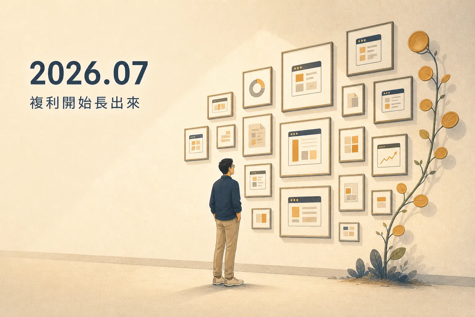 2026 年 7 月里程碑插畫「複利開始長出來」：男子站在掛滿作品相框的牆前，右側藤蔓沿牆生長、枝上結出一枚枚金幣