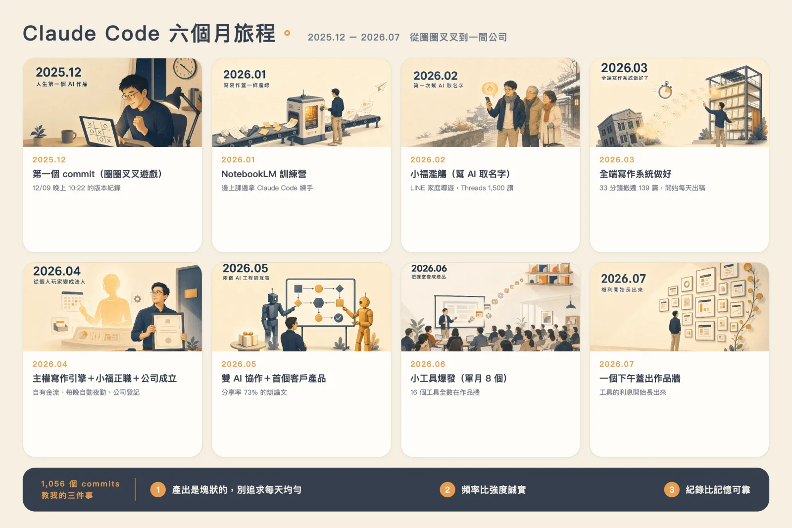 Claude Code 六個月旅程時間軸資訊圖：2025 年 12 月第一個 commit 圈圈叉叉遊戲、2026 年 1 月 NotebookLM 訓練營、2 月小福濫觴、3 月全端寫作系統做好、4 月主權寫作引擎與公司成立、5 月雙 AI 協作與首個客戶產品、6 月小工具爆發、7 月一個下午蓋出作品牆；底部橫幅是 1,056 個 commits 教我的三件事：產出是塊狀的、頻率比強度誠實、紀錄比記憶可靠