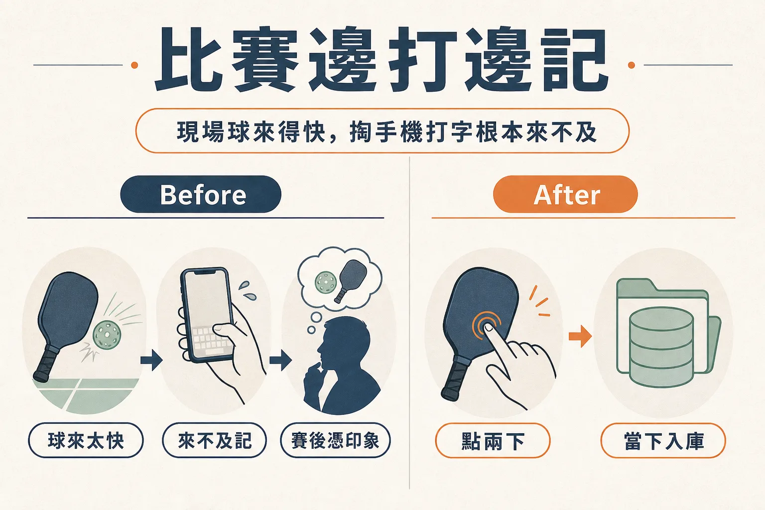 日式簡約資訊圖：比賽邊打邊記的 Before 與 After 對比，配手繪匹克球拍插圖。Before 三個圓形圖示：球來太快、來不及記、賽後憑印象；After 兩個圓形圖示：點兩下、當下入庫。