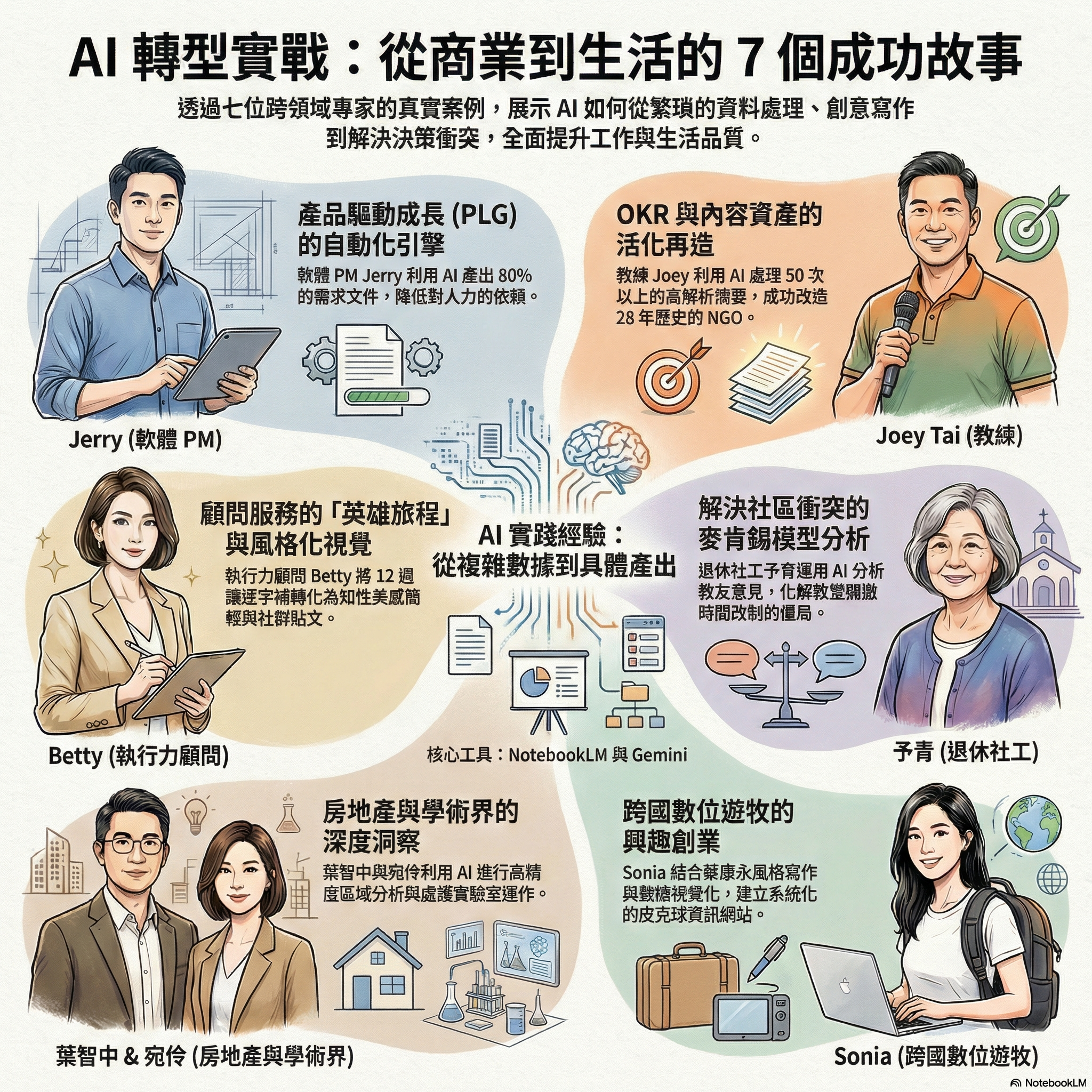 AI 轉型實戰七個成功故事資訊圖:軟體 PM 用 AI 產出八成需求文件、教練活化 28 年 NGO 內容、執行力顧問的英雄旅程貼文、退休社工用麥肯錫模型化解社區衝突、房地產與學術界的深度洞察、跨國數位遊牧的皮克球創業,核心工具 NotebookLM 與 Gemini