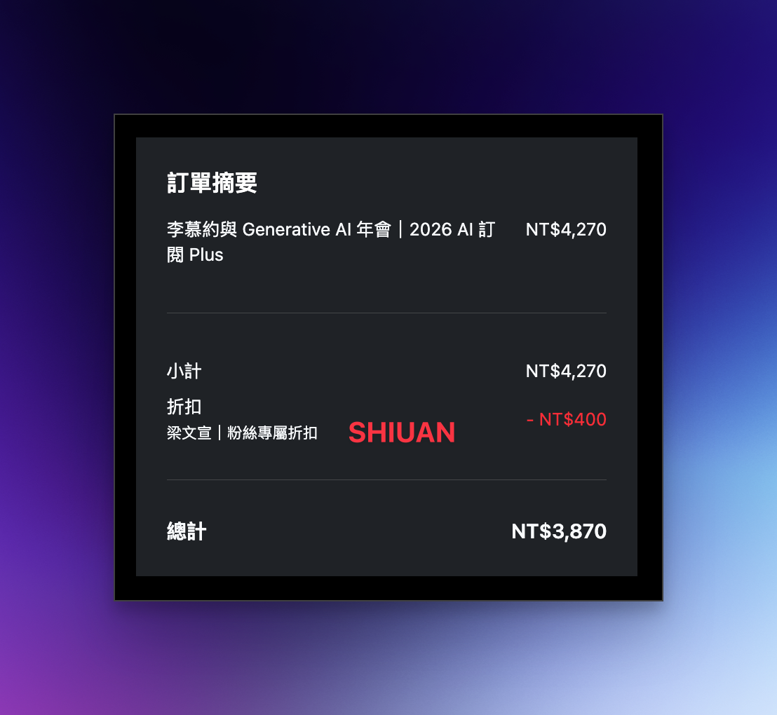 李慕約 2026 AI 訂閱 Plus 方案訂單截圖——原價 NT$4,270，折扣碼 SHIUAN 折 NT$400，實付 NT$3,870