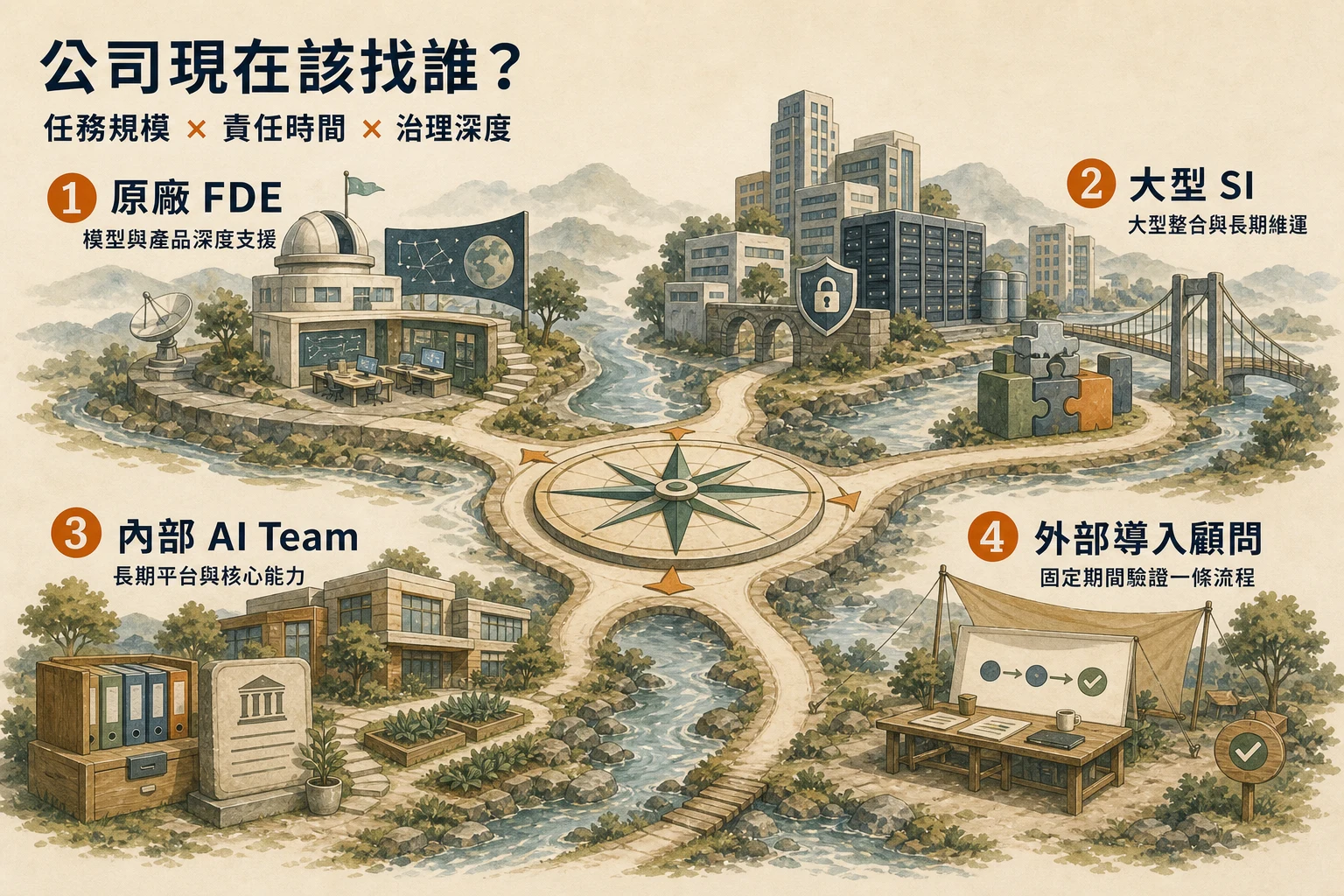 原廠 FDE、大型 SI、內部 AI Team 與外部企業 AI 導入顧問的四種角色選擇地圖