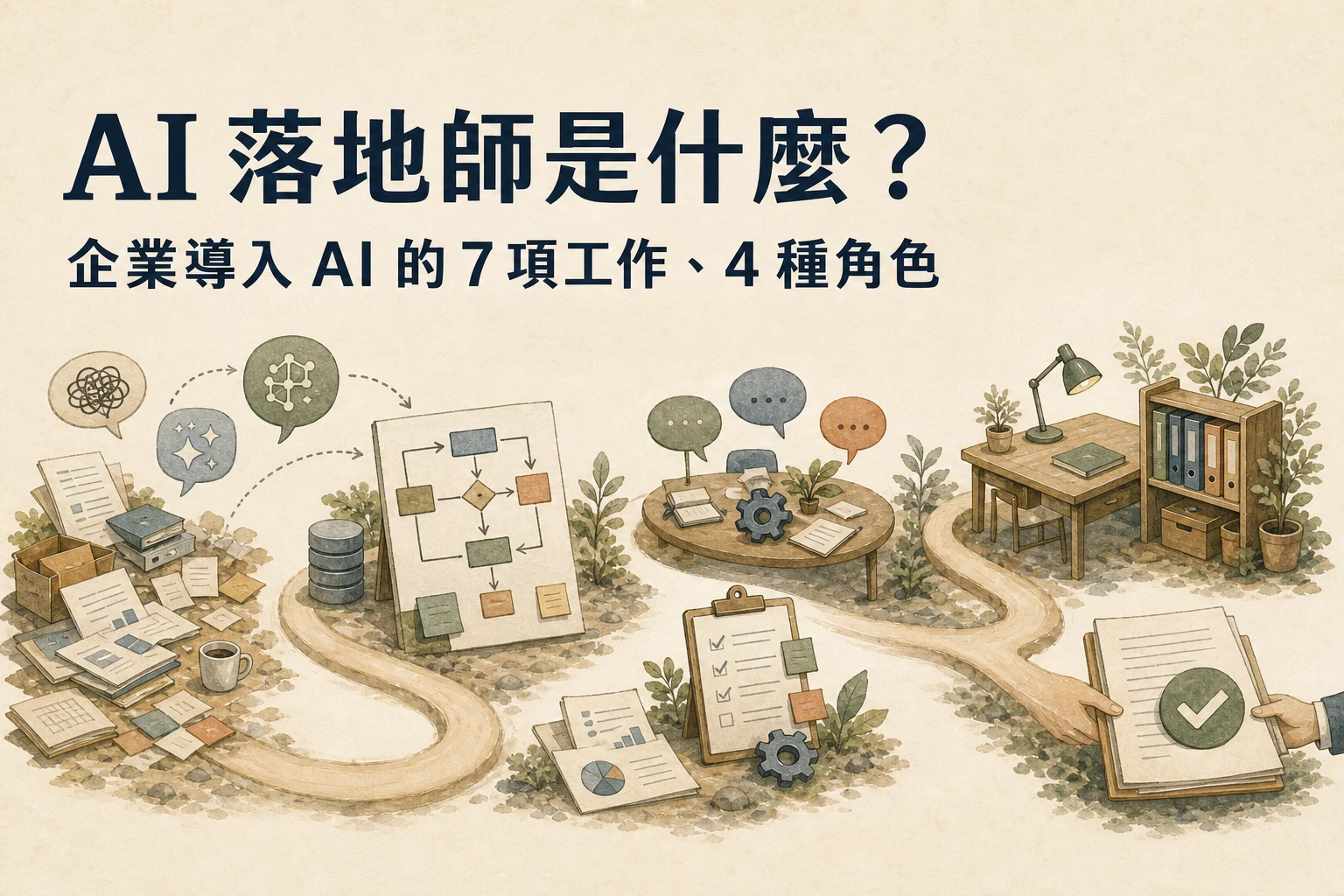 AI 落地師文章首圖：企業導入 AI 的七項工作與四種角色，以文件、流程圖、協作與交接呈現
