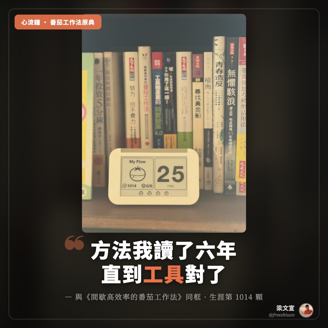 心流鐘 Flow Clock 實體番茄鐘擺在書架前，螢幕顯示生涯累積 1014 顆、25 分鐘待啟動，背後書架上有 Francesco Cirillo 的《間歇高效率的番茄工作法》等生產力書籍