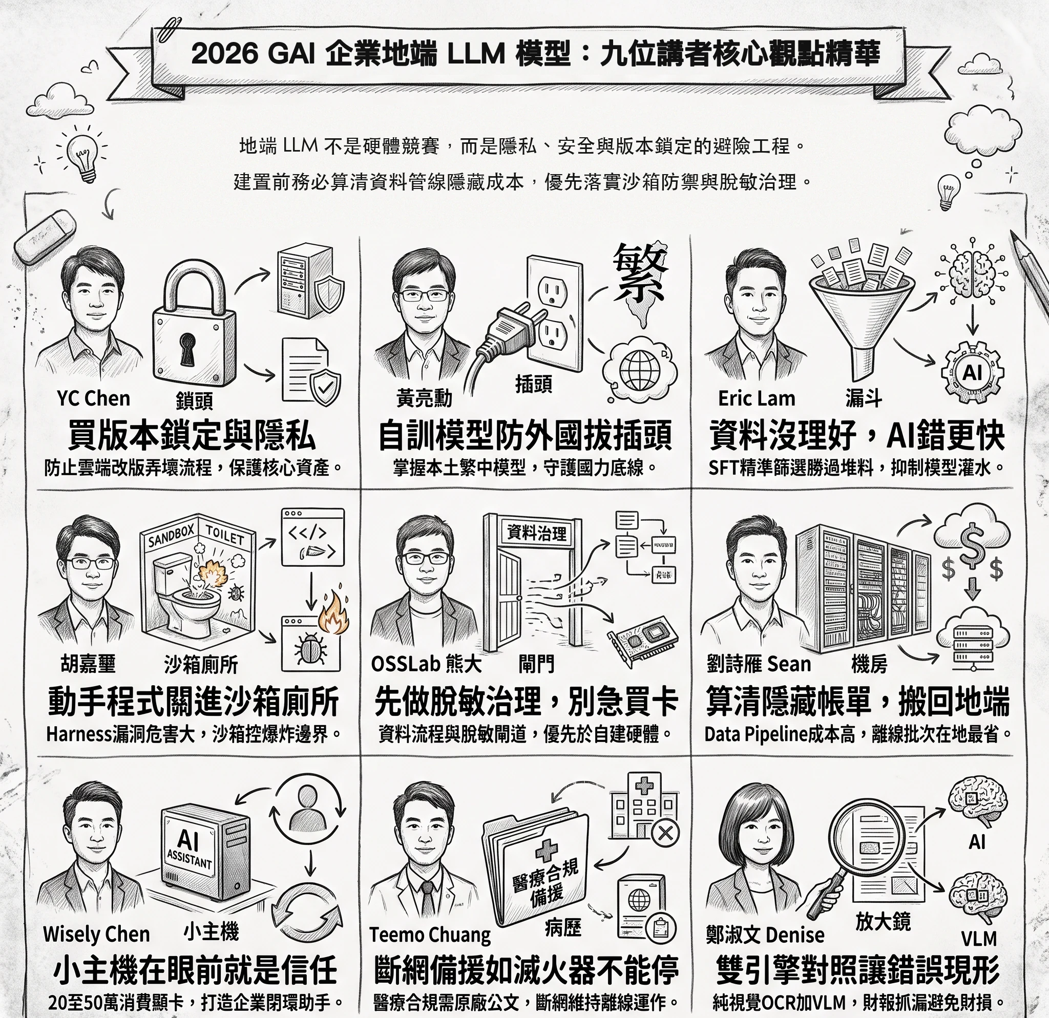 2026 GAI 企業地端 LLM 模型九位講者核心觀點精華:王大皓(自建前先算隱私與折舊帳)、海總理(輕量架構優先,大模型只在必要時召喚)、李慕約(資料管線不通,買再多顯卡也是廢鐵)、Dennis(先把地端模型關進安全沙箱)、蔡宗融(企業建置地端首重少走兩年彎路)、周加恩(版本鎖定換取系統穩定)、陳泰呈 Jackle(個人隱私與合約底線)、Sean(脫敏不徹底等於把漏洞交出去)、Denise(資安與合規是地端真正的高牆)